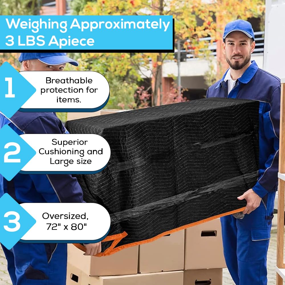 SIMPLI-MAGIC 79523 Heavy Duty Padded Moving Blankets - 12 Pack, 72” x 80” Black/Orange - Furniture Protector, Appliance Wrapping & Moving Supplies for Home, Office & Truck Transport