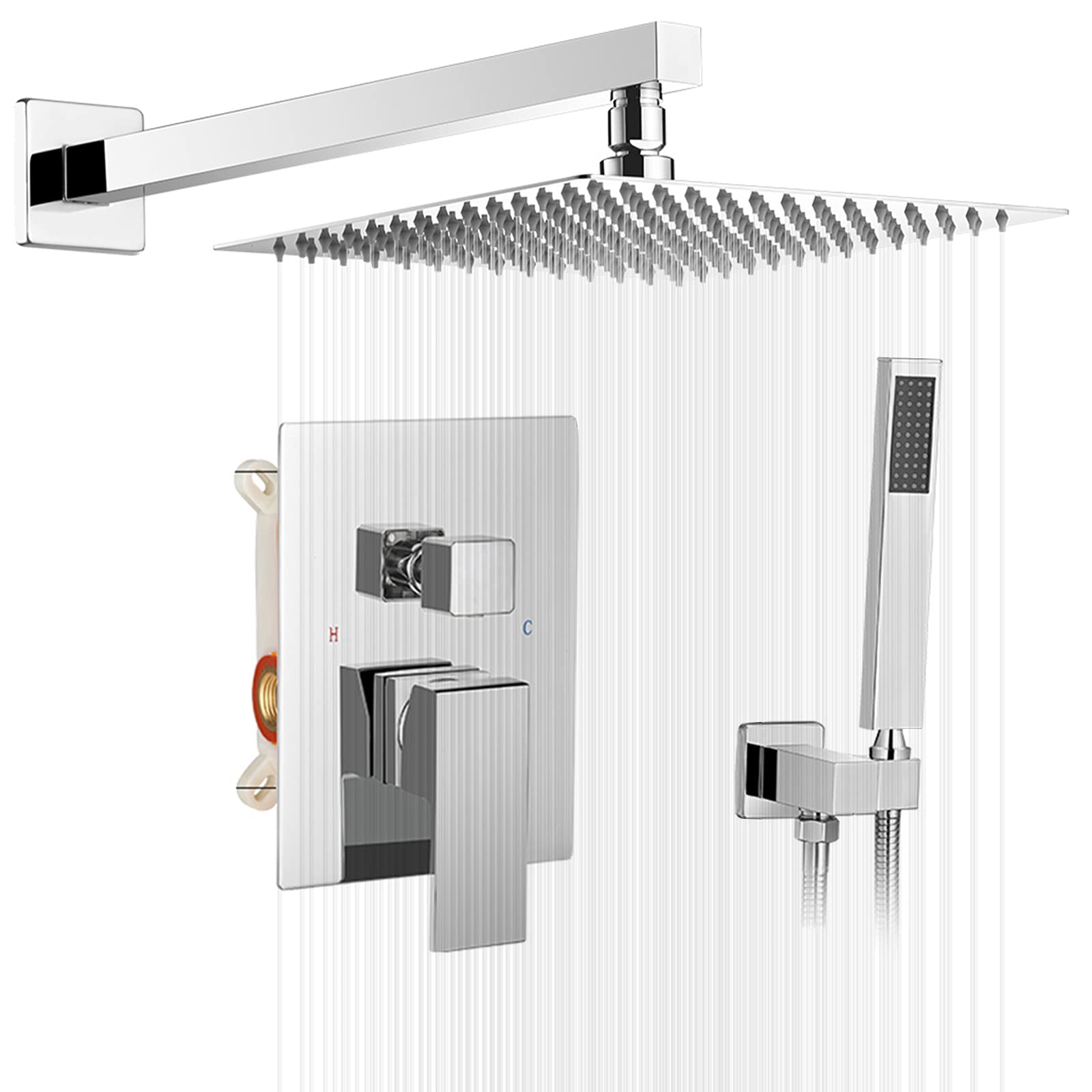 16 Inch Square Luxury Rain Shower Combo Set - Wall Mounted Rainfall Shower Head System with Chrome Faucet & Rough-in Valve - Perfect for Modern Bathroom & Spa Experience