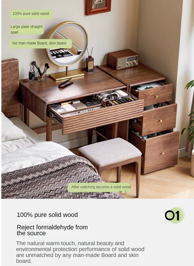 Premium Black Walnut Solid Wood Dressing Table Set with Mirror - Elegant Vanity Desk for Bedroom, Makeup & Beauty Organization
