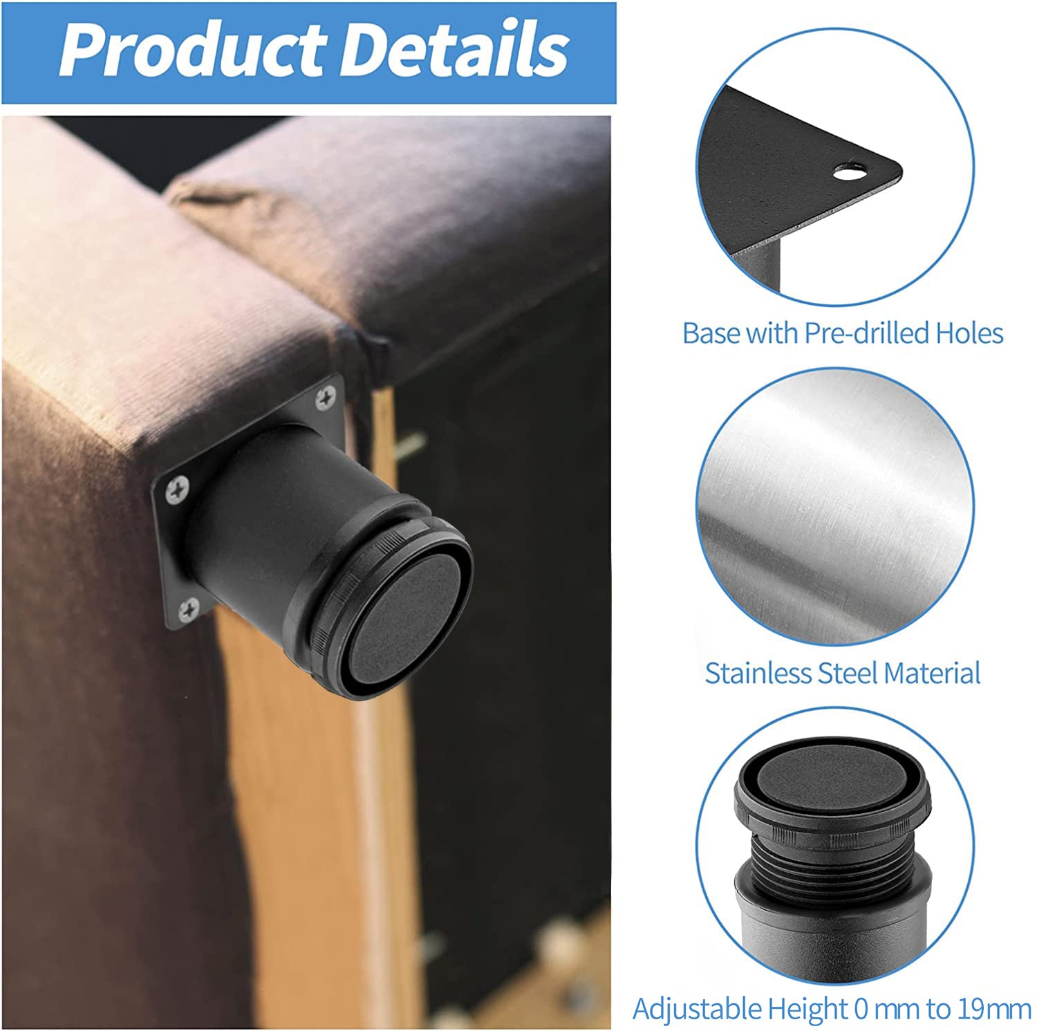 10 Inch Adjustable Stainless Steel Furniture Legs - Round Black Metal Cabinet Legs for Coffee Table, Desk, Sofa & Shelves (Pack of 4) | Durable & Stylish Home & Office Furniture Support