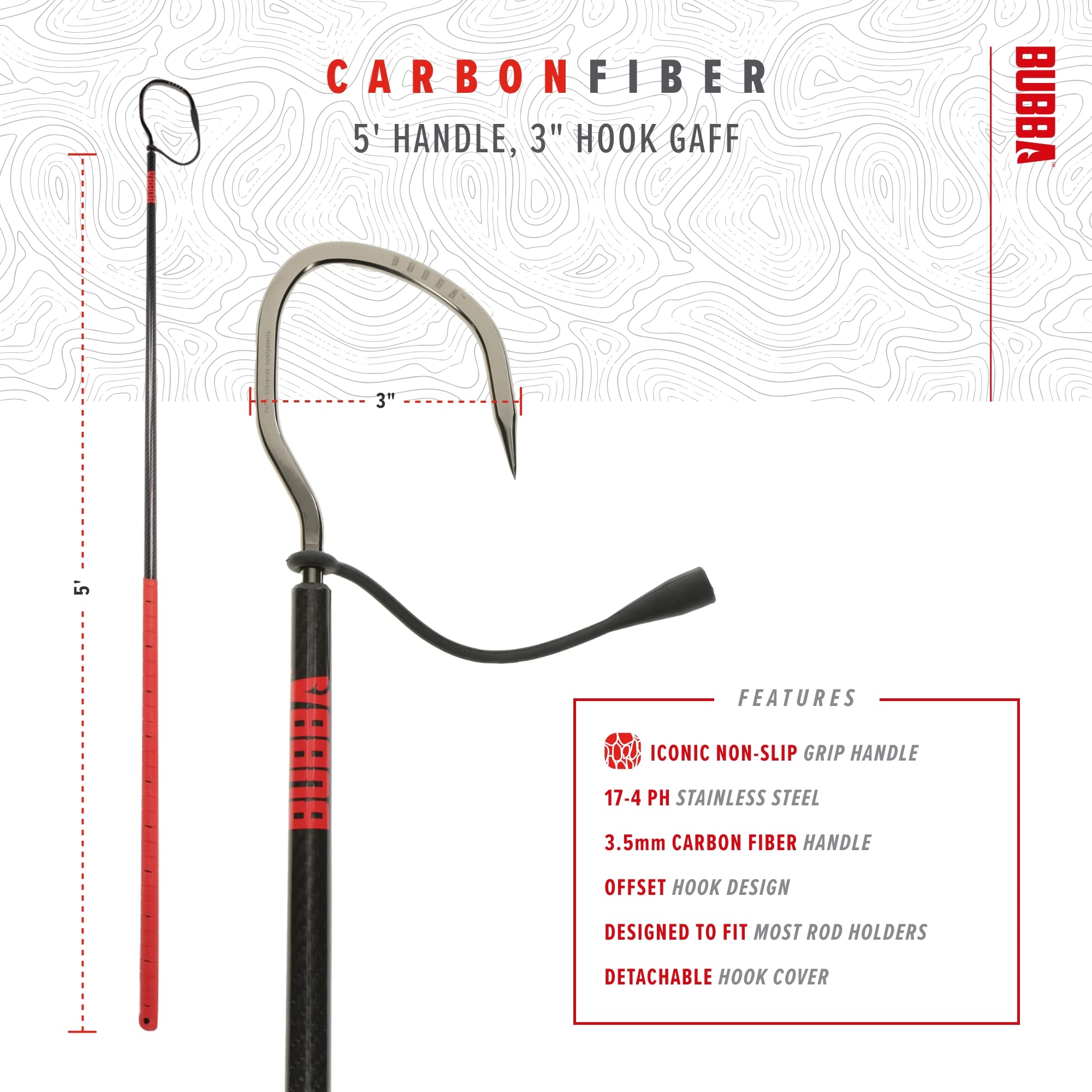 BUBBA 5 Foot Fishing Gaff with 3 Inch Stainless Steel Offset Hook | Non-Slip Grip Handle & Carbon Fiber Shaft | Heavy Duty for Saltwater Fishing, Boat Fishing & Outdoor Adventures