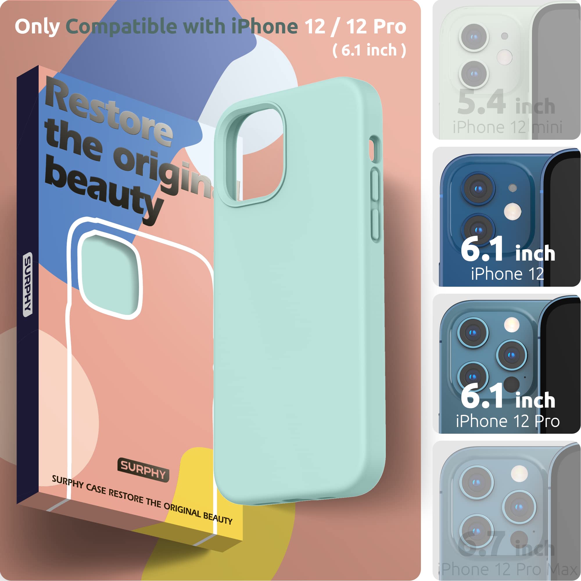 SURPHY Premium Liquid Silicone Case for iPhone 12 & iPhone 12 Pro (6.1 inch) - Shockproof Protective Phone Cover with Microfiber Lining - Mint Green - Perfect for Daily Use, Work & Outdoor Activities