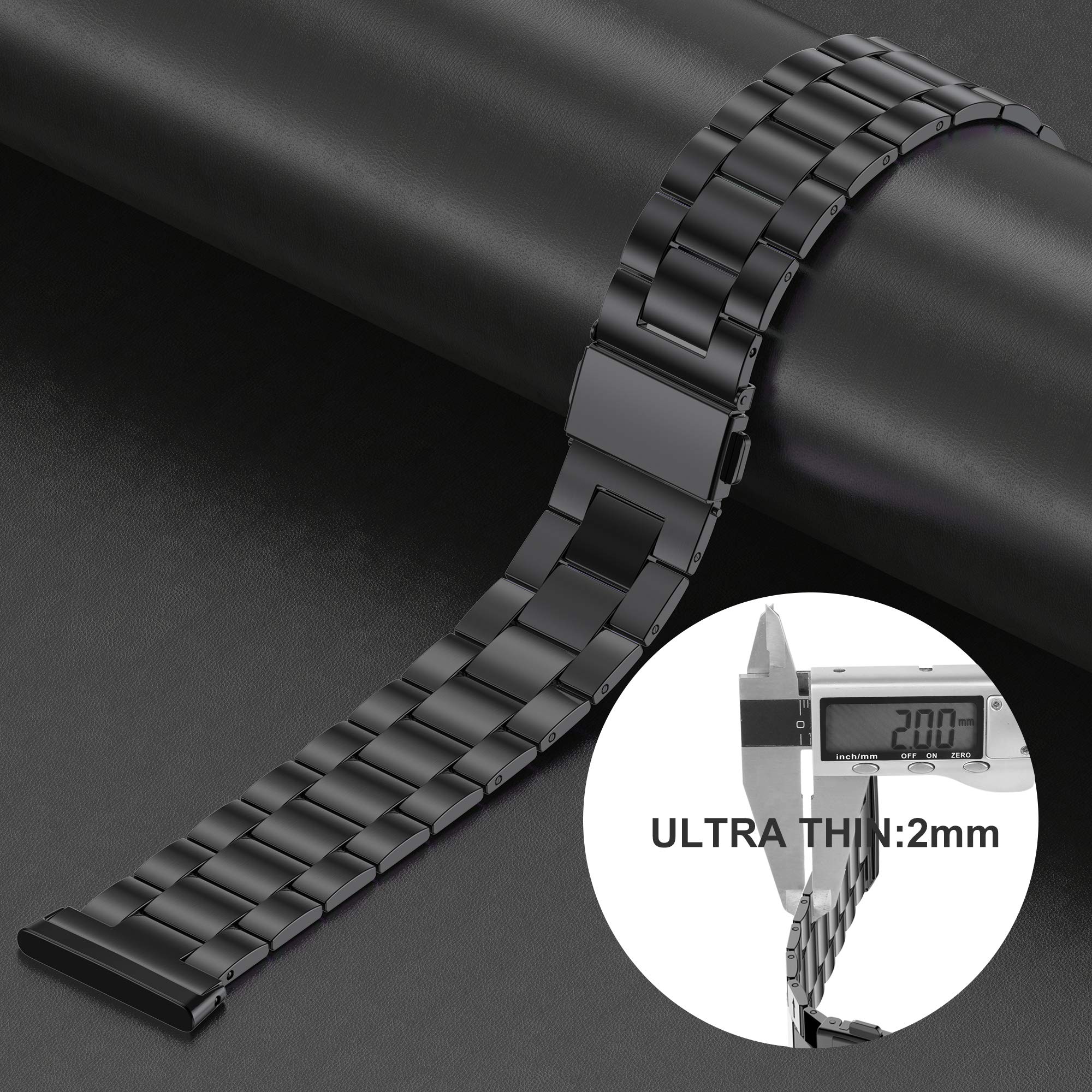 Wearlizer Compatible Fitbit Sense/Sense 2/Versa 3/Versa 4 Bands - Ultra Thin Lightweight Stainless Steel Metal Watch Band Strap for Women & Men (Black) | Perfect for Workouts, Office Wear & Everyday Fashion Accessory