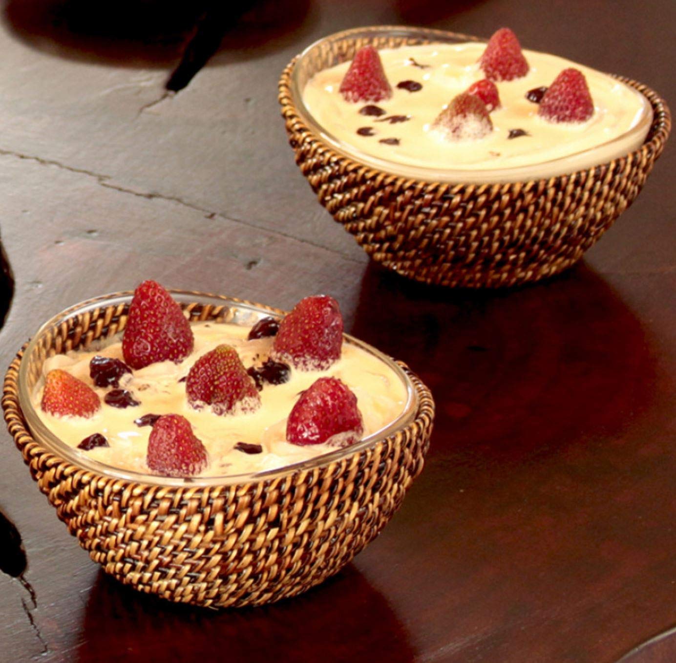 Set of 2 Small Woven Serving Bowls with Removable Crescent Glass Bowl Inserts - Perfect for Salads, Snacks & Party Appetizers - Eco-Friendly Home Dining & Entertaining