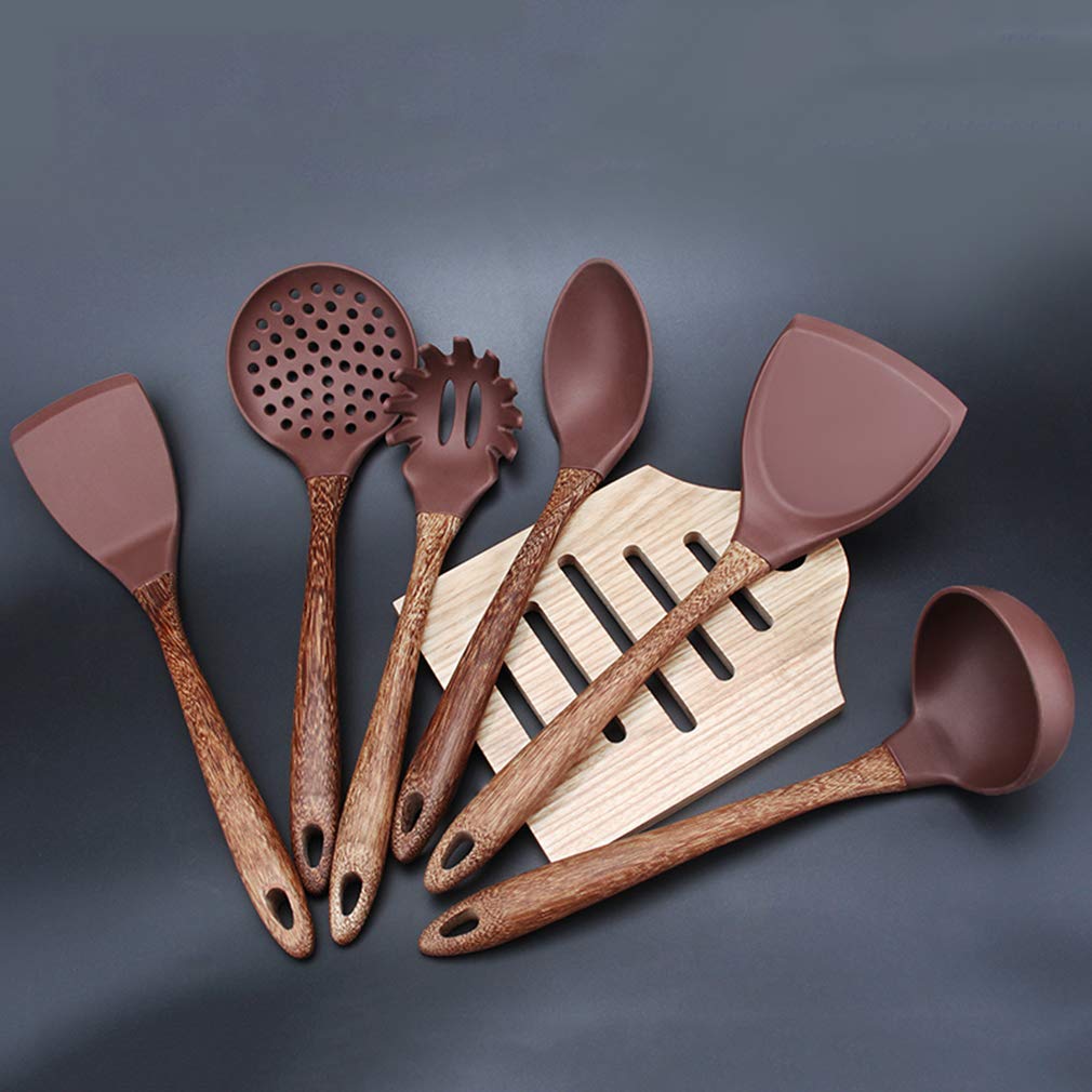 6-Piece Non-Stick Heat Resistant Silicone Cooking Utensil Set with Wooden Handle - Essential Kitchen Gadgets for Baking, Frying & Everyday Cooking