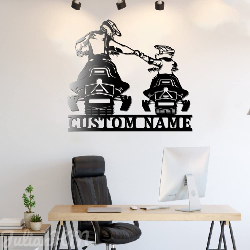 Custom Father and Son Snowmobile Metal Wall Art with LED Lights - Personalized Snowmobile Name Sign for Winter Sports Enthusiasts - Perfect for Man Cave, Garage Decor, and Snowmobile Lover Gifts