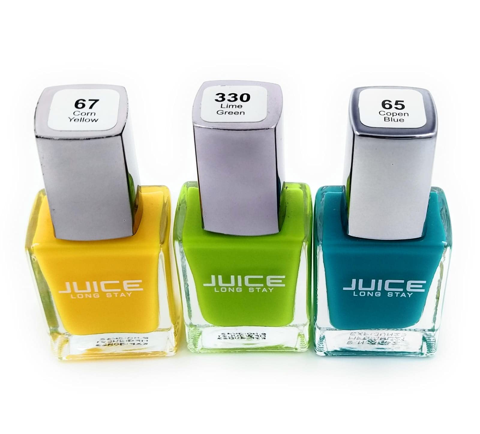 JUICE Nail Polish Set of 3 - Corn Yellow, Lime Green, Copen Blue | Long Lasting Nail Enamel for Manicures & Pedicures | Perfect for Parties, Weddings & Everyday Wear