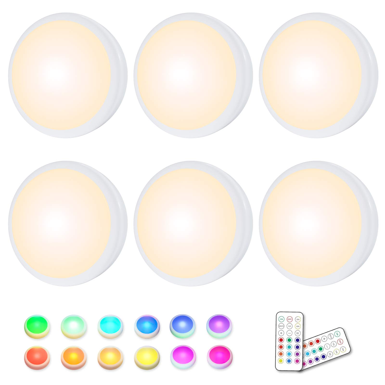 HELPLEX 6 Pack Color Changing LED Puck Lights with Remote - Dimmable Wireless Under Cabinet Lights, Battery Powered RGBW Stick-On Push Lights with Timing & Memory Function (White) - Perfect for Kitchen, Closet, Stairs & Home Decor Lighting