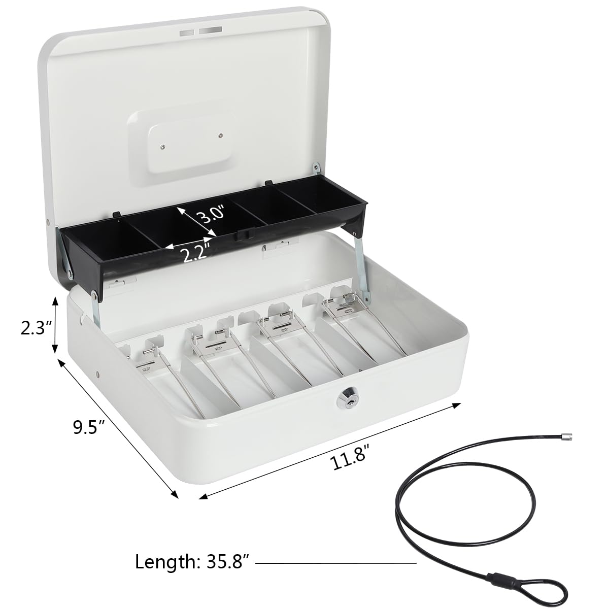 Secure White Cash Box with Money Tray & Key Lock - 11.8x9.5x3.5 Inch Large Money Organizer with Security Cable - Perfect for Retail Stores, Events, and Home Cash Management
