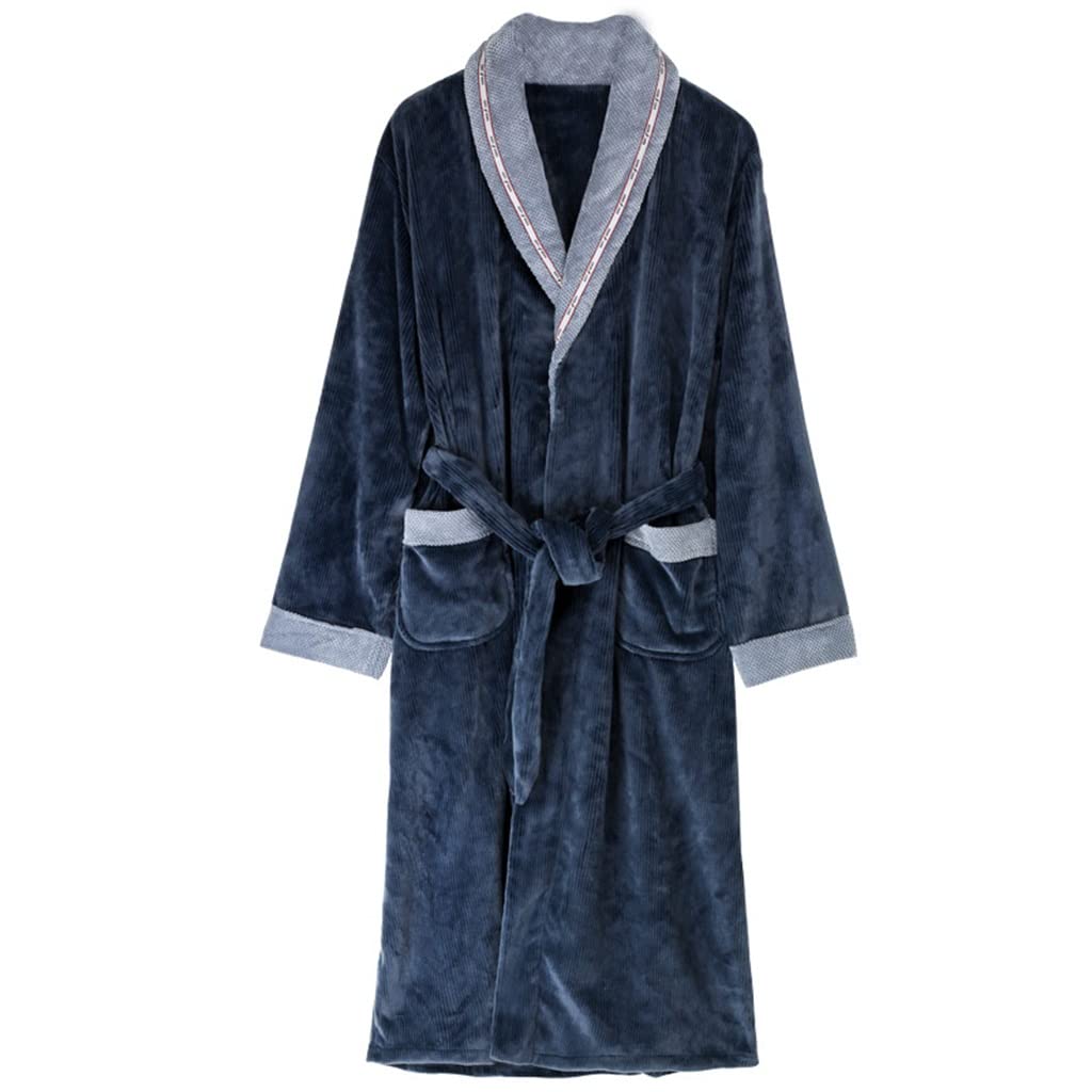 Men's Thick Warm Winter Flannel Bathrobe - Soft Kimono Style Home Robe for Relaxation & Lounging (Blue, Size L) - Perfect for Cold Weather, Spa Days & Cozy Evenings by the Fireplace