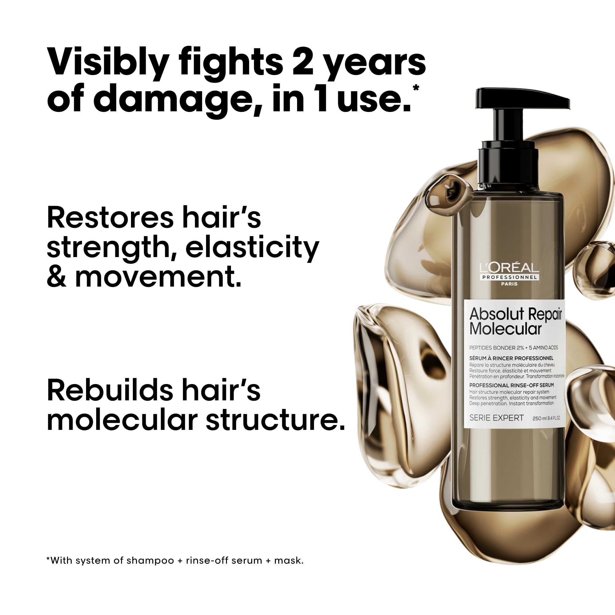 L'Oreal Professionnel Absolut Repair Molecular Shampoo & Serum Set for Damaged Hair - Sulfate-Free with Peptide Bonder & Amino Acids | Strengthens & Repairs Extremely Dry Hair | Salon-Quality Hair Care for Women & Men | Perfect for Post-Color Treatment & Heat Styling Recovery