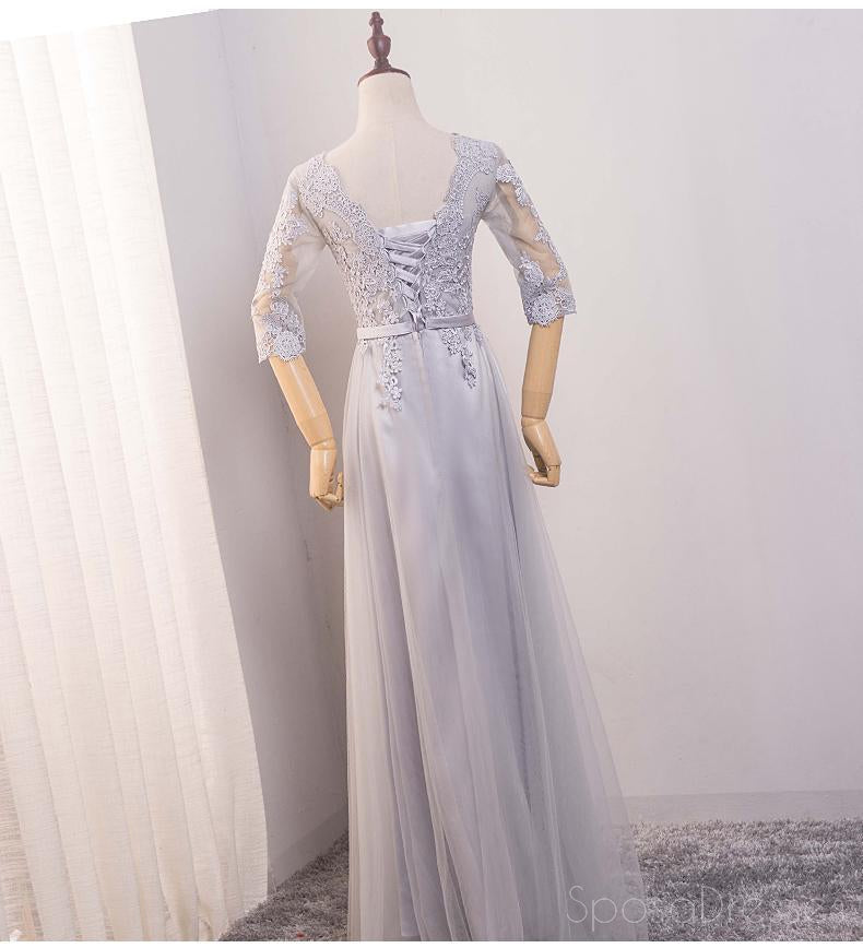 Elegant Long Sleeve Scoop Neck Gray Lace Prom Dress - Formal Evening Gown for Homecoming, Wedding, Party & Special Occasions | Style 17184