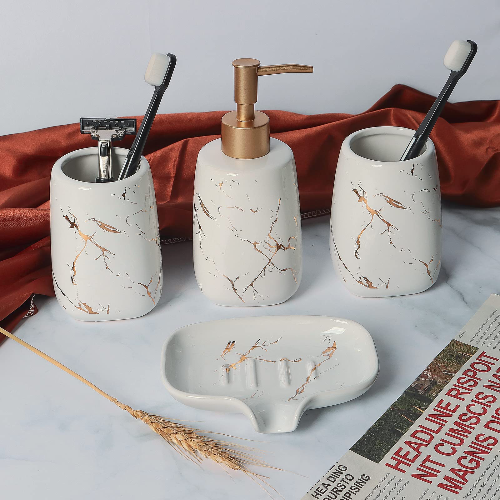 4-Piece Creative Golden White Ceramic Bathroom Accessory Set - Includes Soap Dispenser, Toothbrush Holder, Tumblers & Soap Dish | Elegant Ceramic White Finish | Perfect for Modern Bathrooms, Guest Suites & Spa-Style Decor