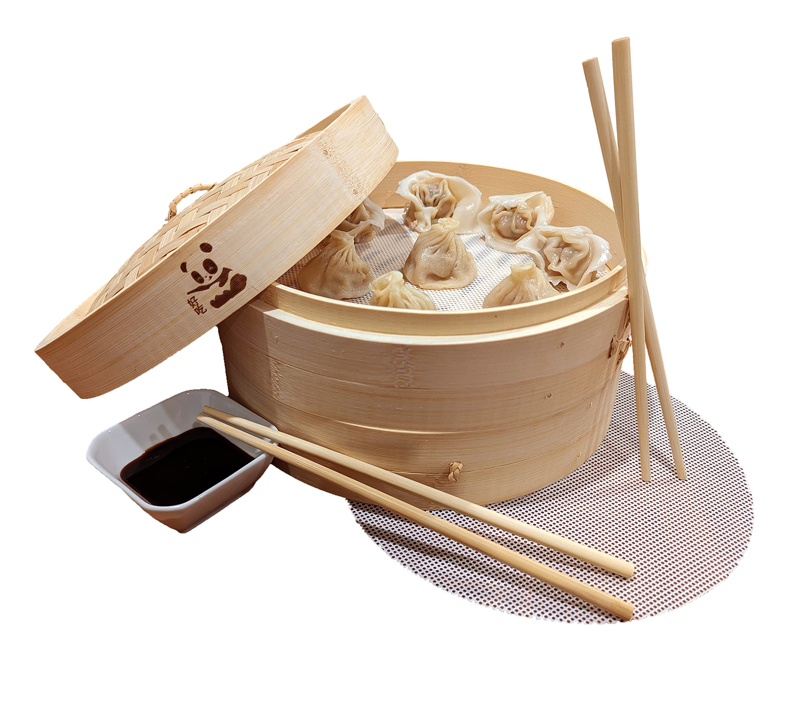 10 Inch Bamboo Steamer Basket - 2 Tier Natural Sustainable Food Cooker for Dumplings, Vegetables, Tamales, Seafood & Bao Buns | Includes 2 Reusable Nonstick Liners, 2 Pairs Chopsticks & 1 Sauce Dish | Perfect for Asian Cooking, Dim Sum, Healthy Meals & Party Serving