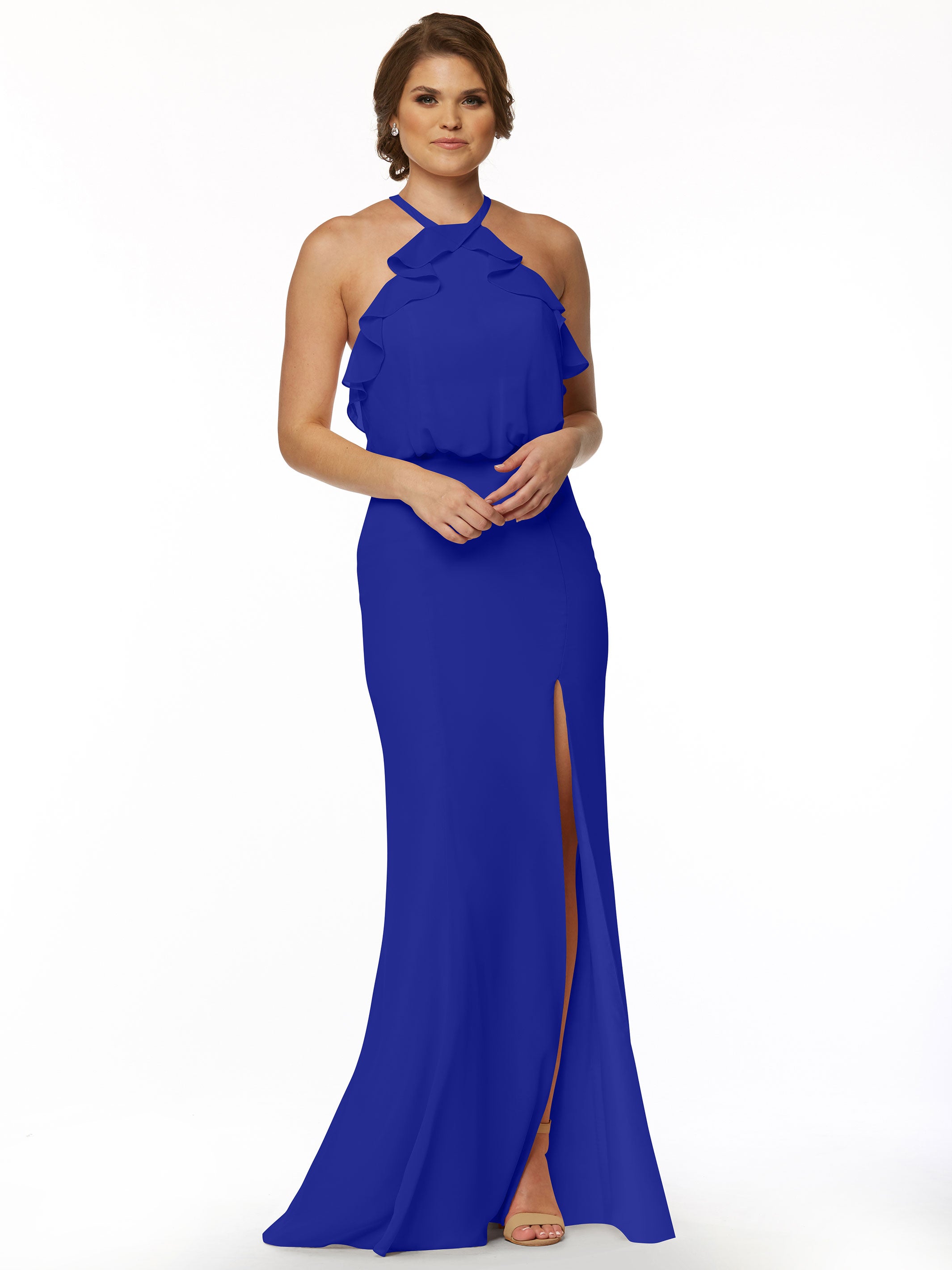 Elegant 80147 Fit and Flare Chiffon Bridesmaid Dress with Ruffled Neckline & Thigh Slit - Perfect for Weddings, Proms, and Formal Events