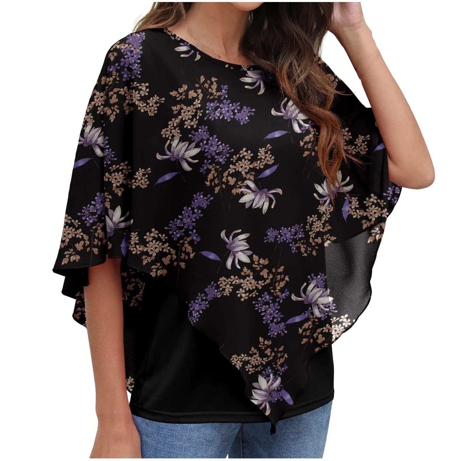 Women's Loose Casual Short Sleeve Chiffon Blouse - Floral Print Flowy Crewneck Tunic Top for Summer, Beach & Daily Wear