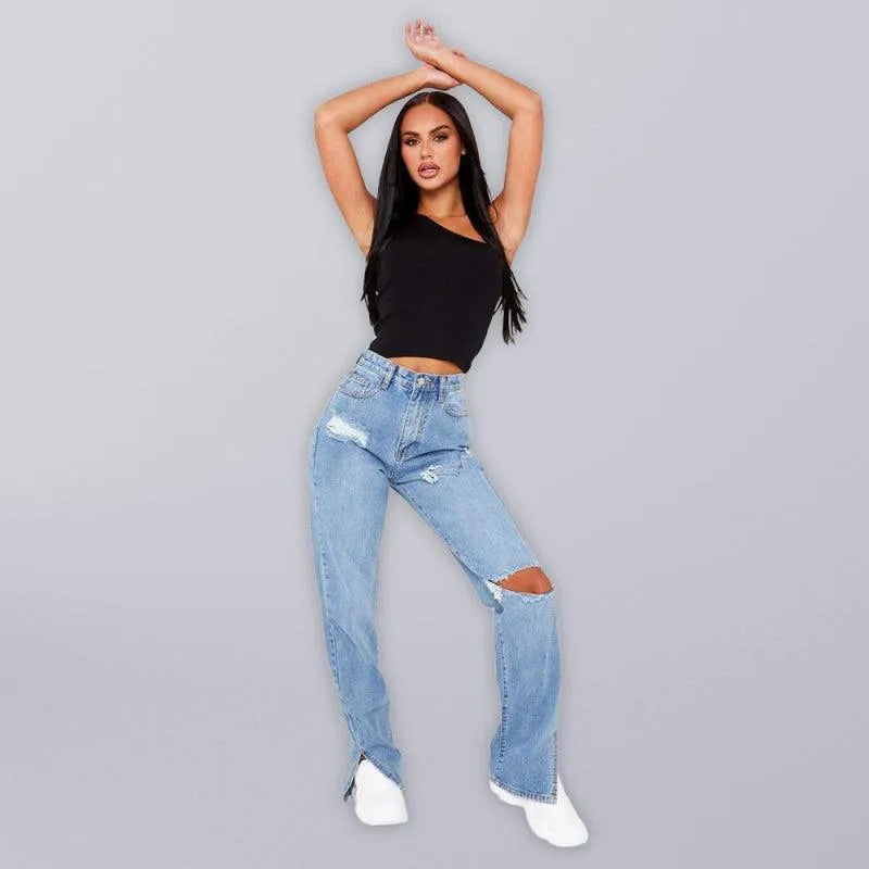 Women's Straight Ripped Jeans with Ankle Slits - Trendy Distressed Denim Pants for Casual Outfits & Streetwear Fashion