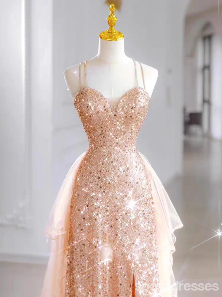 Elegant Rose Gold Spaghetti Strap Maxi Long Prom Dress for Women - Perfect for Evening Parties, Formal Events & Special Occasions