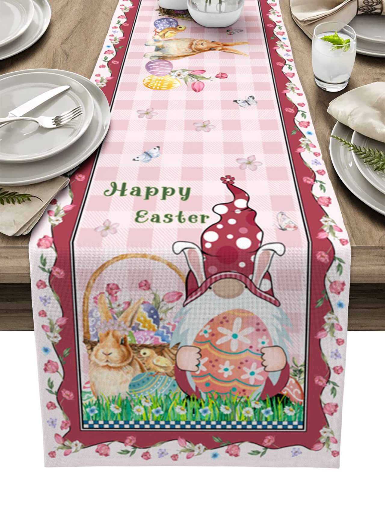 Savannan Easter Table Runner - 13x90 Inch Happy Easter Gnome Bunny Floral Plaid Pink Spring Holiday Decor for Dining Table, Buffet, and Party Decorations