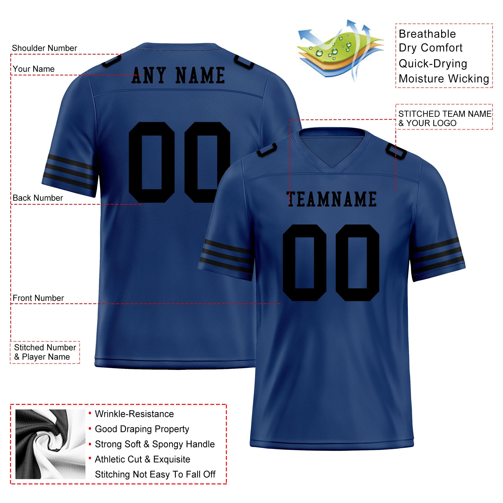 Custom Dark Blue & Black Striped Sleeves Personalized Authentic Football Jersey FBJ02 D06034 - Perfect for Game Day, Team Sports & Fan Apparel Gifts