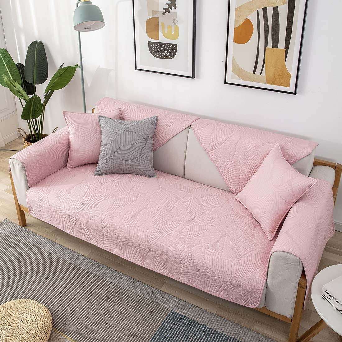 VCTOPS Palm Leaf Cotton Sofa Cover - Non-Slip Sectional Couch Slipcover with Embroidery for Pets, L-Shaped Sofa, Recliner & Love Seat (Pink, 36