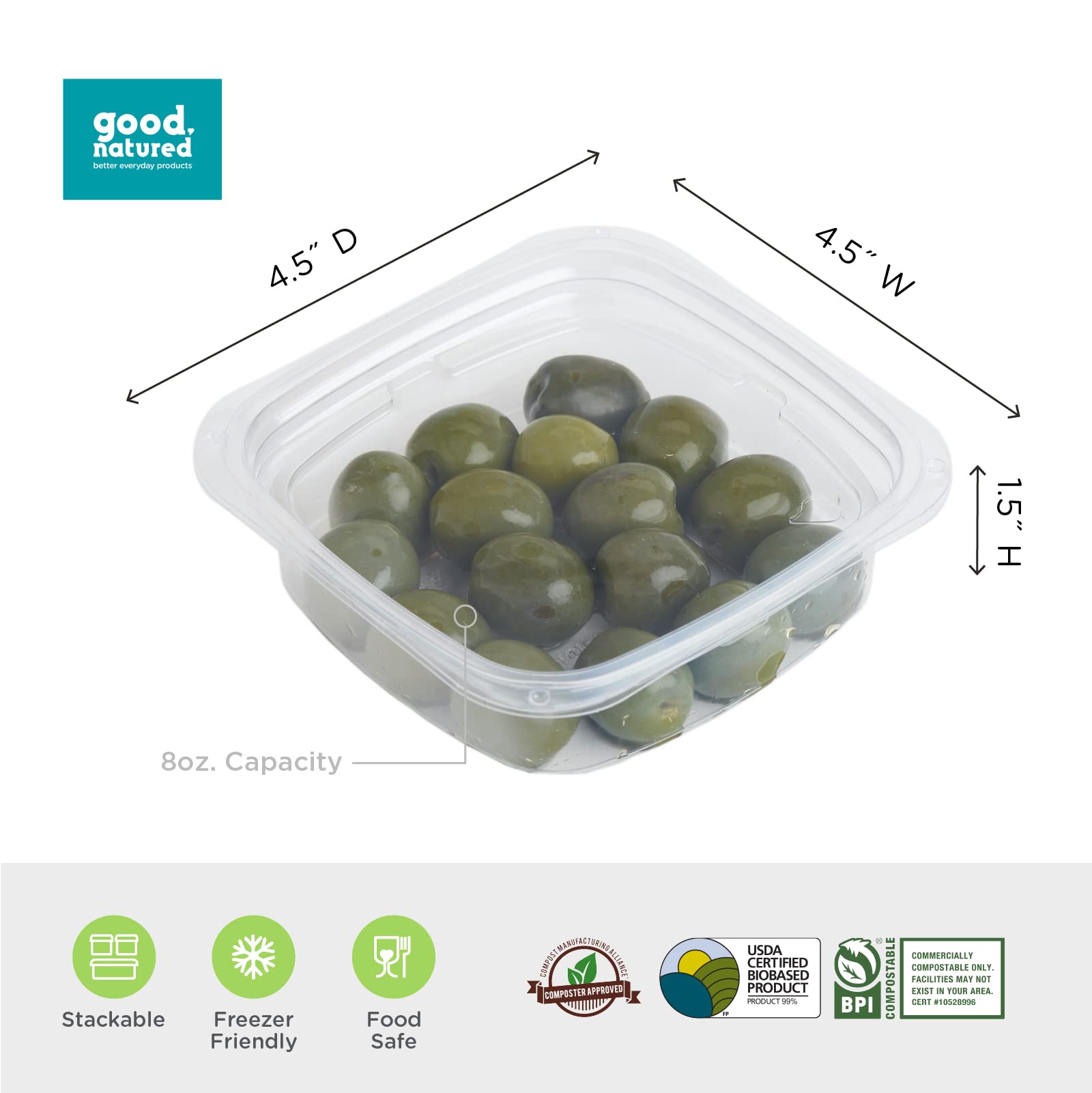 Good Natured 8 oz. Deli Containers (Pack of 675) - 99% Plant-Based, BPA-Free Clear Food Storage Containers - Stackable Square Containers for Meal Prep, Leftovers & Restaurant Use - Eco-Friendly Food Packaging