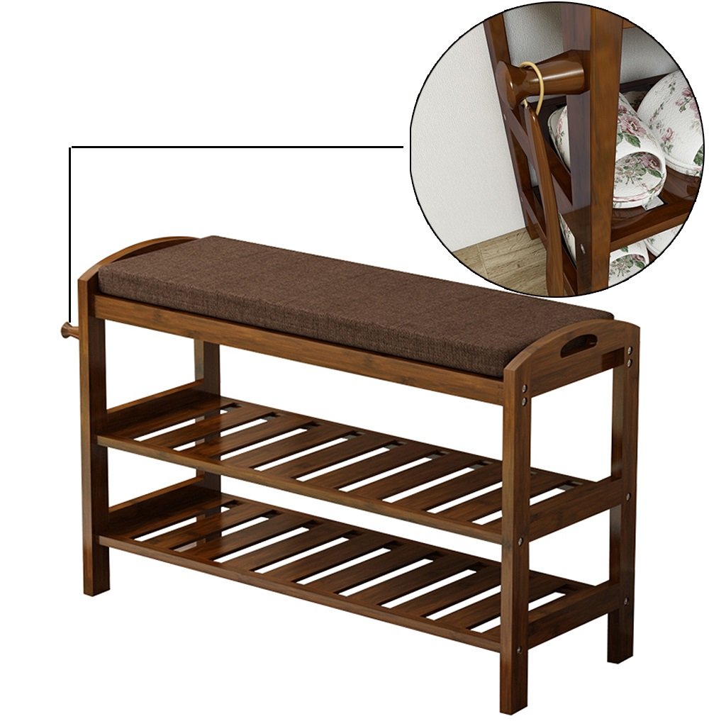 Premium Bamboo Shoe Bench with Hooks - 80cm Over The Door Shoe Organizer & Storage Cabinet - Espresso Finish Wooden Shoe Rack for Entryway, Bedroom, or Closet Organization