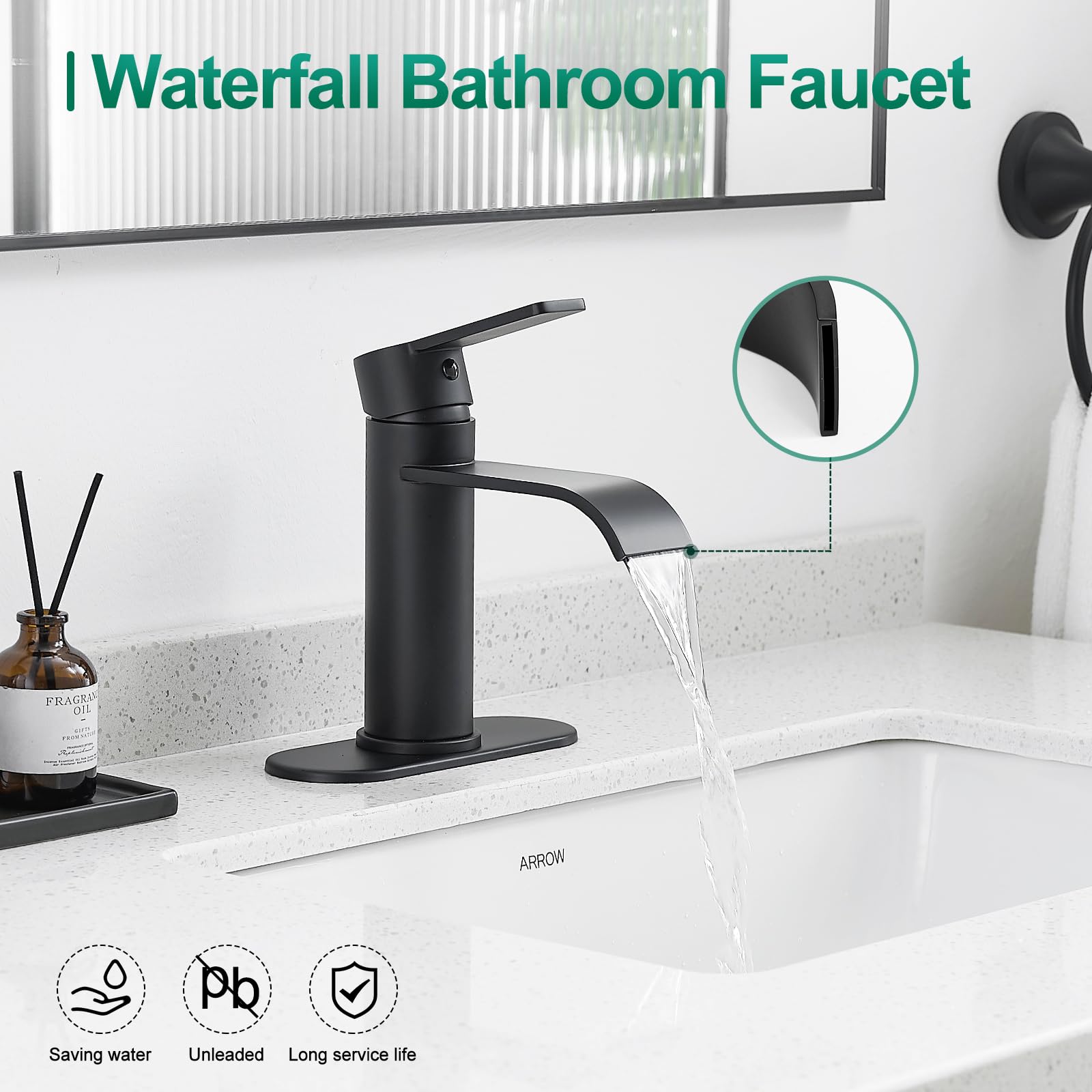 VOTON Black Single Handle Bathroom Sink Faucet - Modern Waterfall Design for 1 or 3 Hole Installation with Deck Plate - RV, Camper, Farmhouse & Utility Sink Remodel - Perfect for Bathrooms, Washbasins & Small Spaces