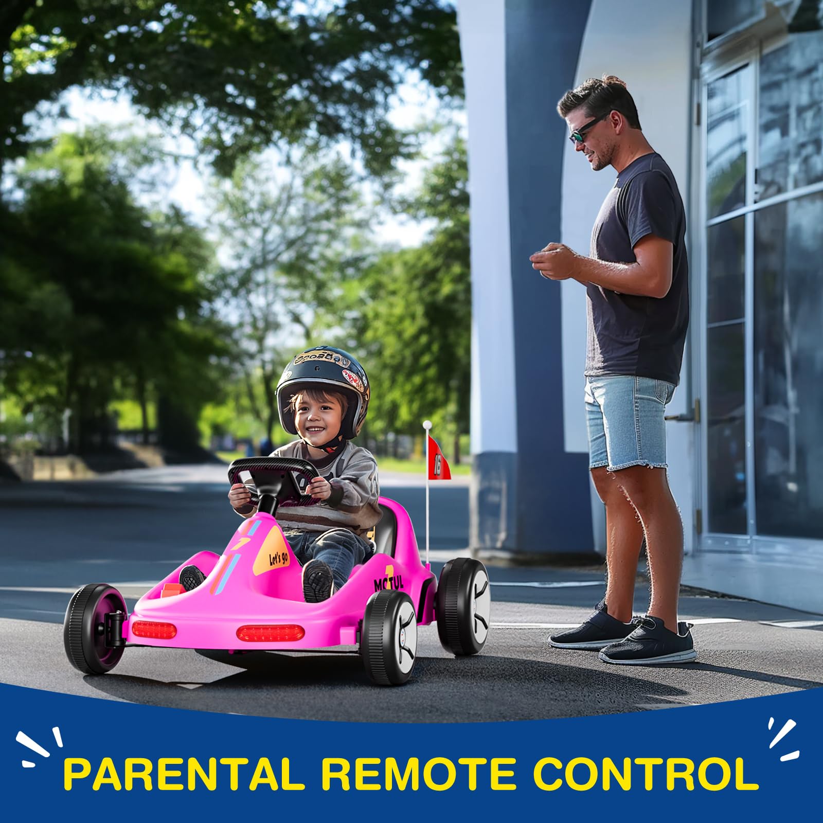 SAT ONE 12V Electric Go Kart for Kids - Quick Assembly Ride-On Car with Flashing Taillights, Bluetooth Music & Remote Control - Perfect for Outdoor Play, Birthday Gifts & First-Time Riders