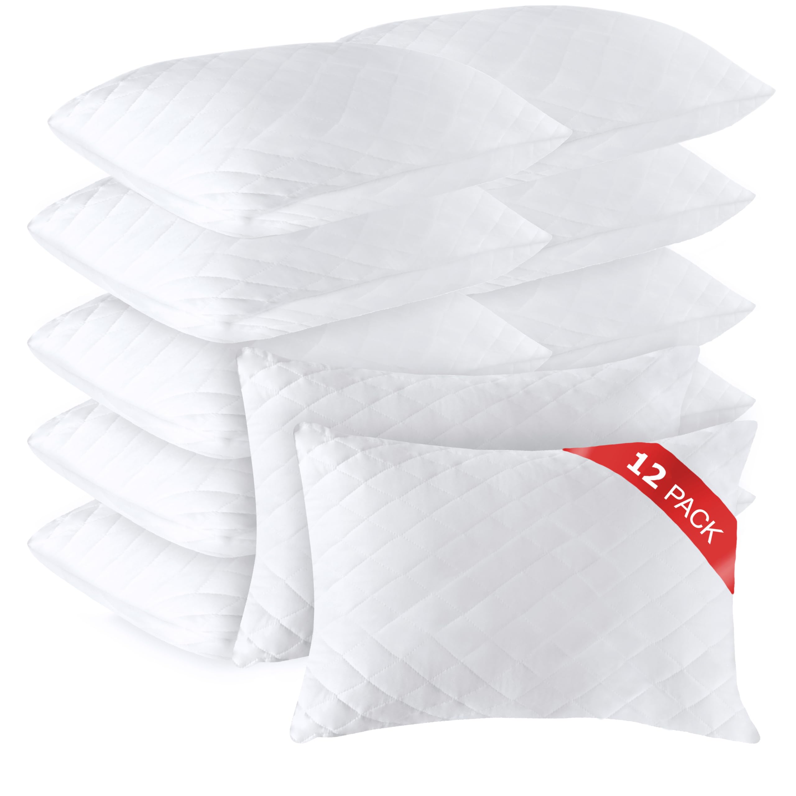 Premium 12-Pack Queen Size Diamond Elegant Bed Pillows - Luxury Hotel Quality Pillows for Side, Back & Stomach Sleepers - 100% Cotton Cover & Washable Microfiber Fill - Perfect for Home, Hotel, and Airbnb Use