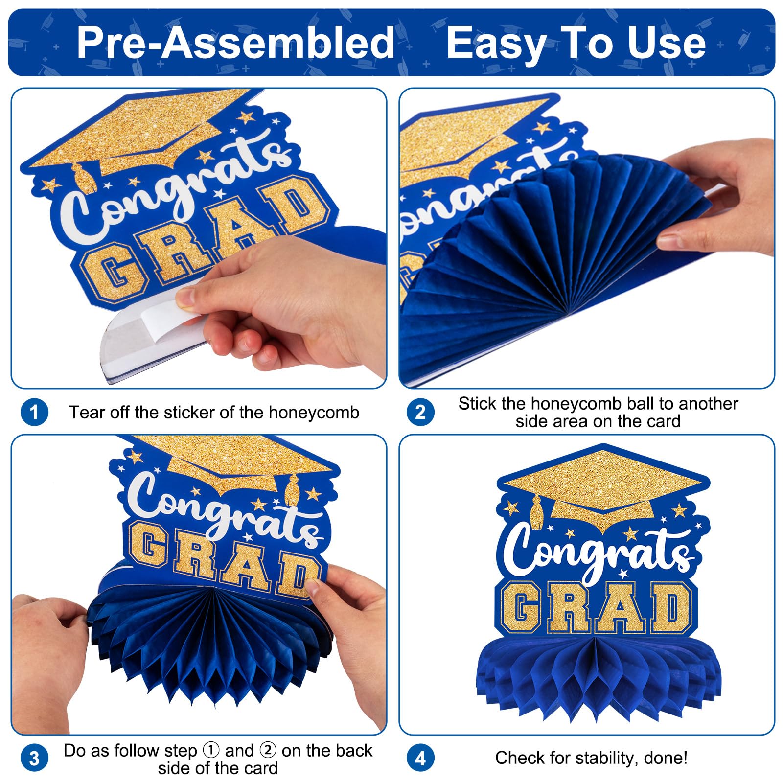 8-Piece Class of 2025 Graduation Decor Set - Blue & Gold Honeycomb Centerpieces, Table Toppers for 2025 Grad Party | Perfect for Graduation Ceremony Decorations, Senior Night, and College Celebration Decor