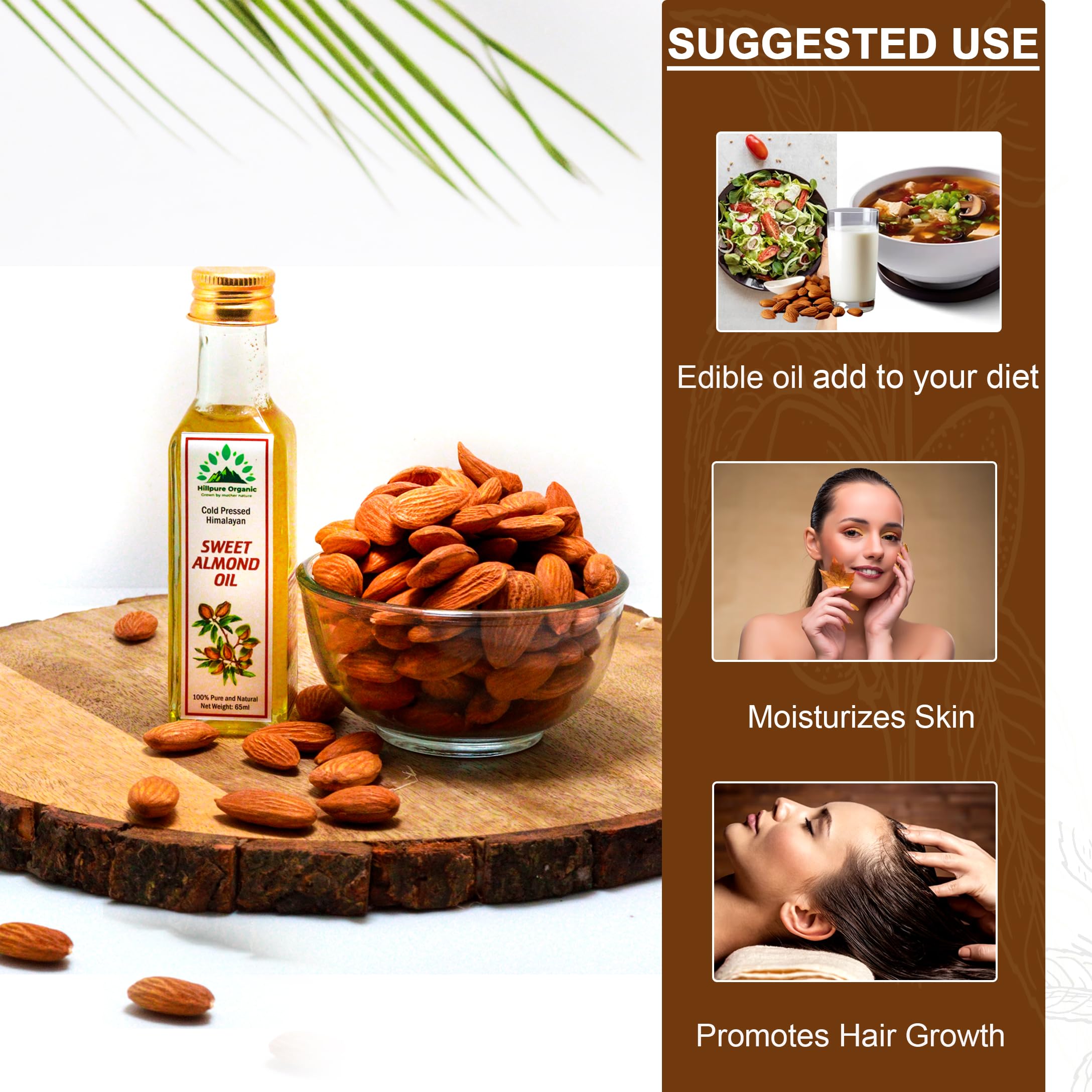 Organic Cold Pressed Himalayan Sweet Almond Oil - 100% Pure Natural Badam Tel for Skin, Hair & Body - Rich in Vitamin E - 65ml Glass Bottle - Perfect for Massage, Cooking & DIY Beauty Recipes