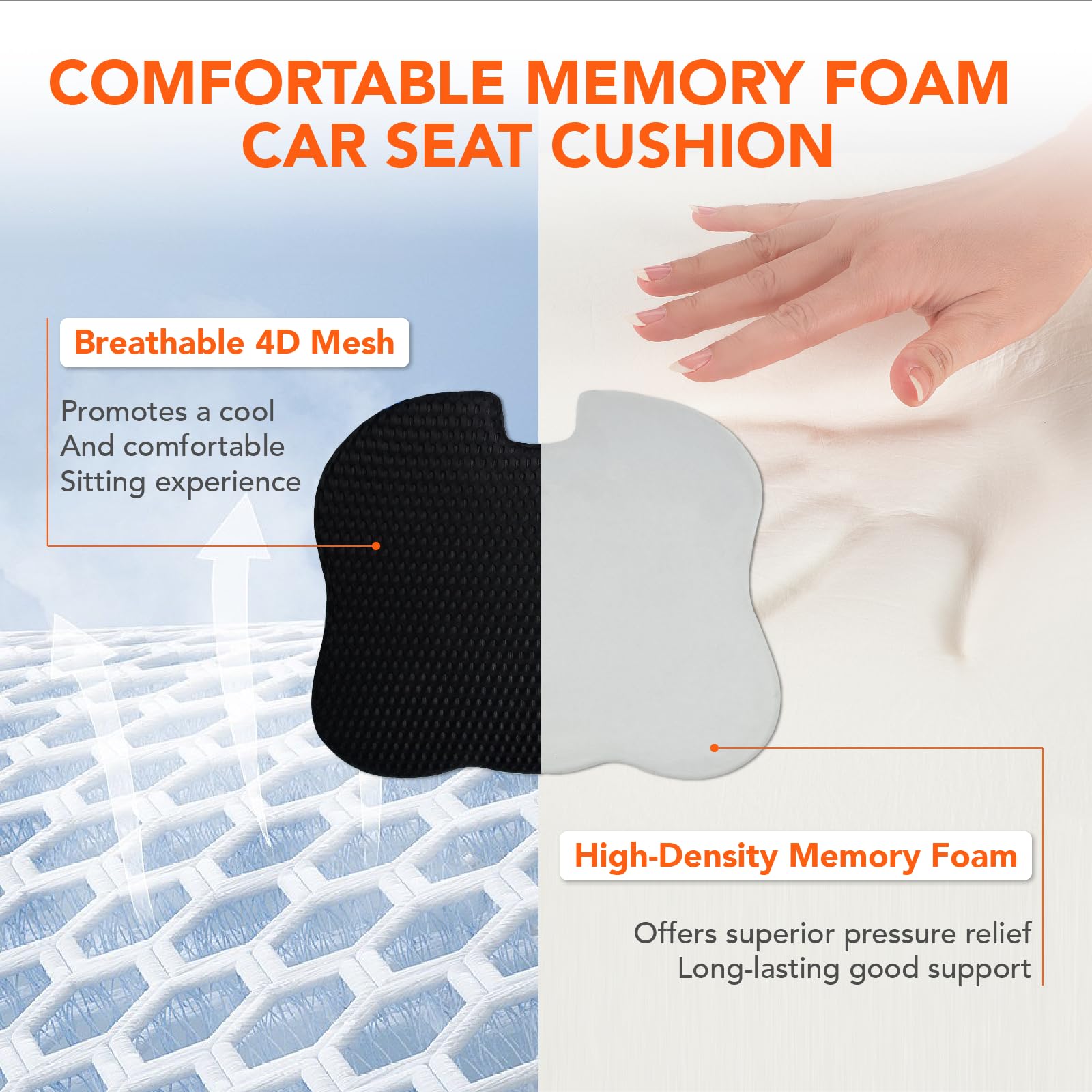 Premium Memory Foam Car Seat Cushion - Ergonomic Support for Long Drives, Back Pain Relief - Comfortable Gray Auto Cushion for Office Chair, Truck, Commuting & Road Trips