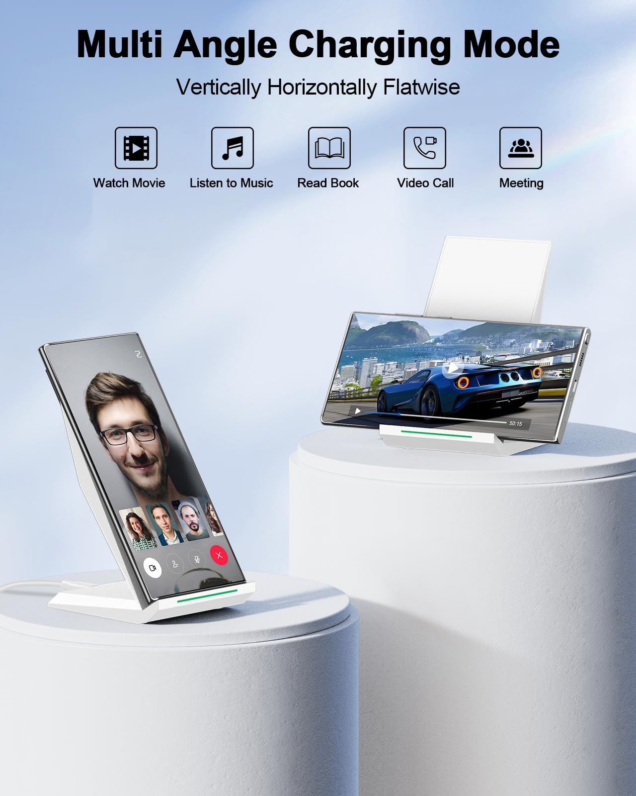 NANAMI 10W Fast Wireless Charger Stand [2 Pack] - Qi Certified for iPhone 16/15 Pro Max/14/13/12/SE, Samsung Galaxy S24/S23/S22, Pixel 6/7 - Perfect for Home, Office & Travel Charging