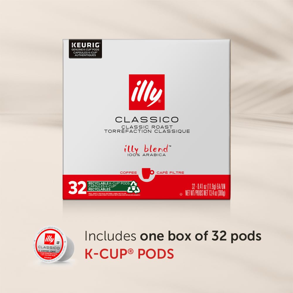 Illy Coffee K Cups for Keurig - Classico Roast Coffee Pods with Caramel, Orange Blossom & Jasmine Flavors | Mild, Balanced & Preservative-Free | 32 Count | Perfect for Office, Home & Breakfast Brewing