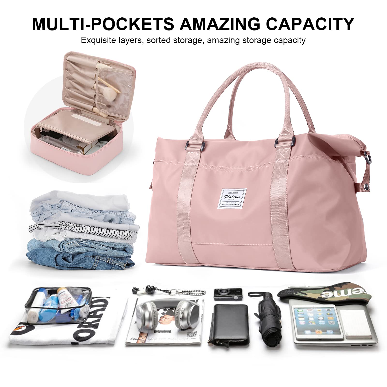 **Waterproof Travel Duffel Bag for Women - Lightweight Sports Tote Gym Bag with Wet Pocket & Detachable Toiletry Bag - Perfect for Weekend Getaways, Gym, Yoga, and Overnight Trips (Pink)**