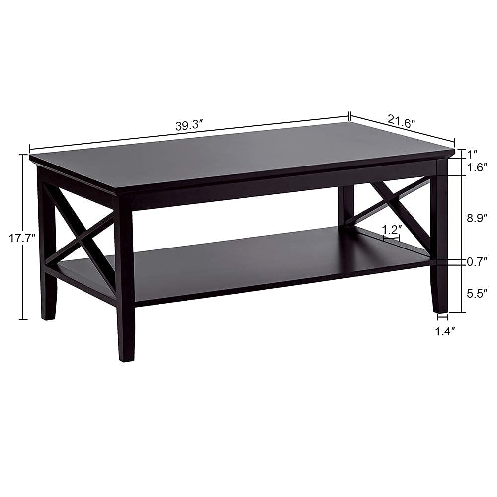 ChooChoo Modern Black Wood Coffee Table with Thicker Legs & Storage - Oxford Style Living Room Furniture for Small Spaces, Home Decor, and Entertainment Areas
