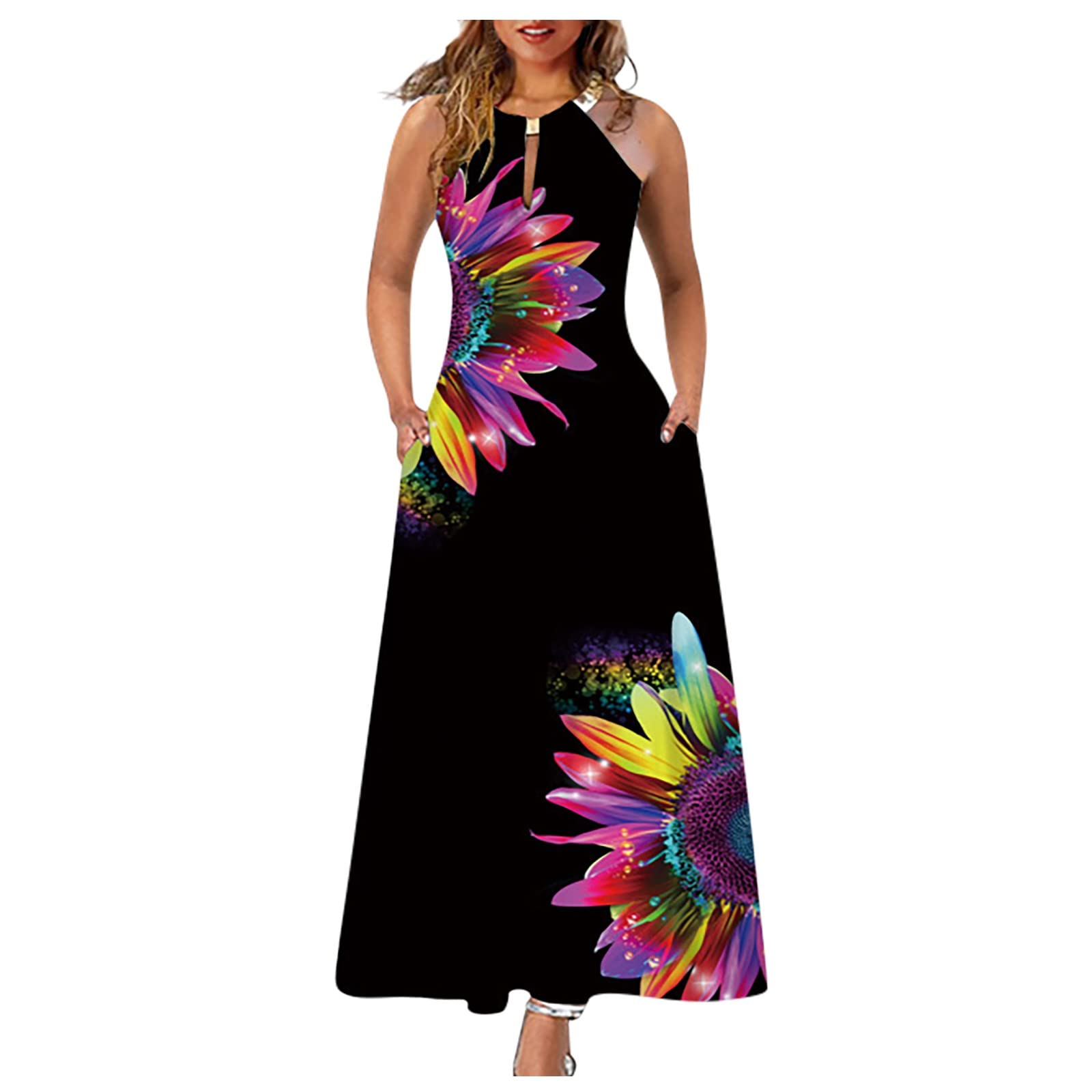 Women's Plus Size Summer Casual Dress - Round Neck Halter Button Print Sundress for Beach, Vacation & Outdoor Activities