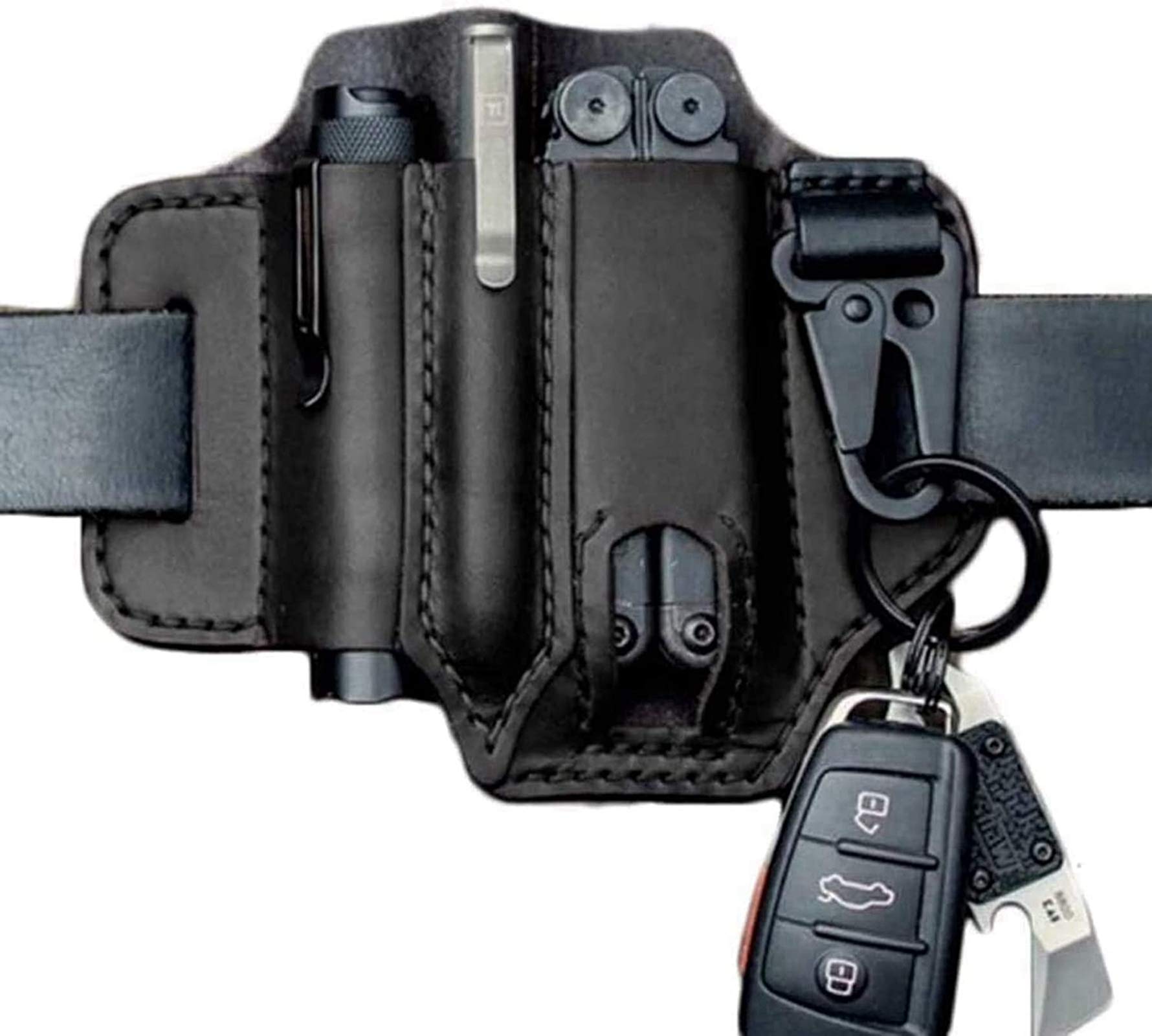 Genuine Leather EDC Belt Loop Waist Multitool Sheath - Handmade 3-Pocket Organizer Pouch for Flashlights, Tactical Pens & Tools | Perfect for Outdoor Adventures, Camping & Everyday Carry (EDC)