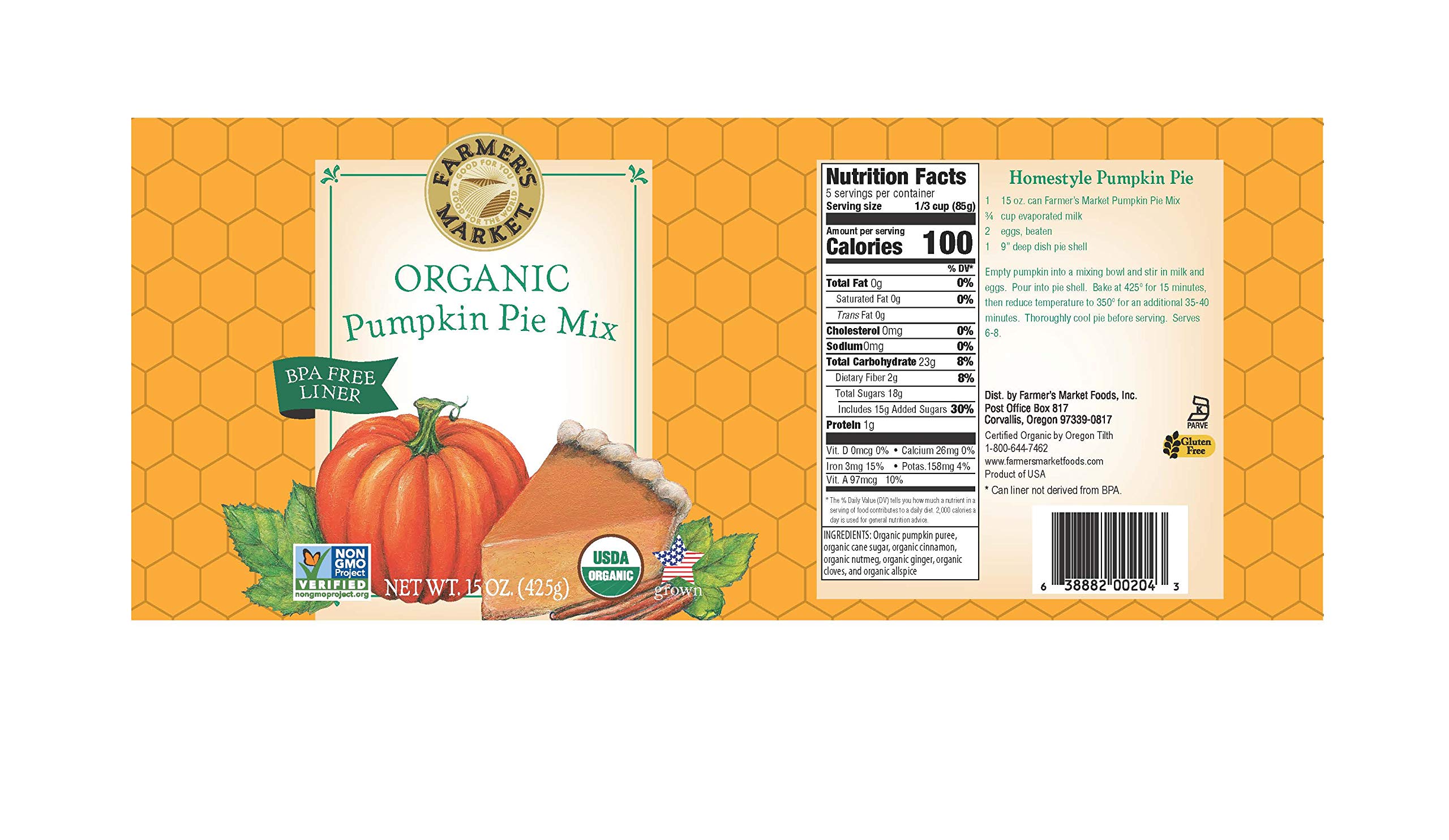 Organic Pumpkin Pie Mix - Farmer's Market, 15oz (Pack of 12) | All-Natural, Gluten-Free Thanksgiving Baking Essential for Pies, Breads & Desserts