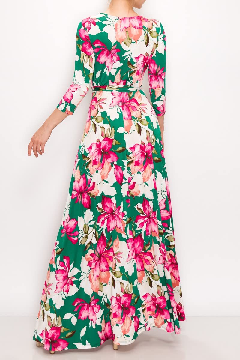 Women's Super Stretchy Maxi Party Dress - Floral Print Wrap V-Neck 3/4 Sleeve Spring Summer Cocktail Dress for Weddings, Dinners & Special Occasions