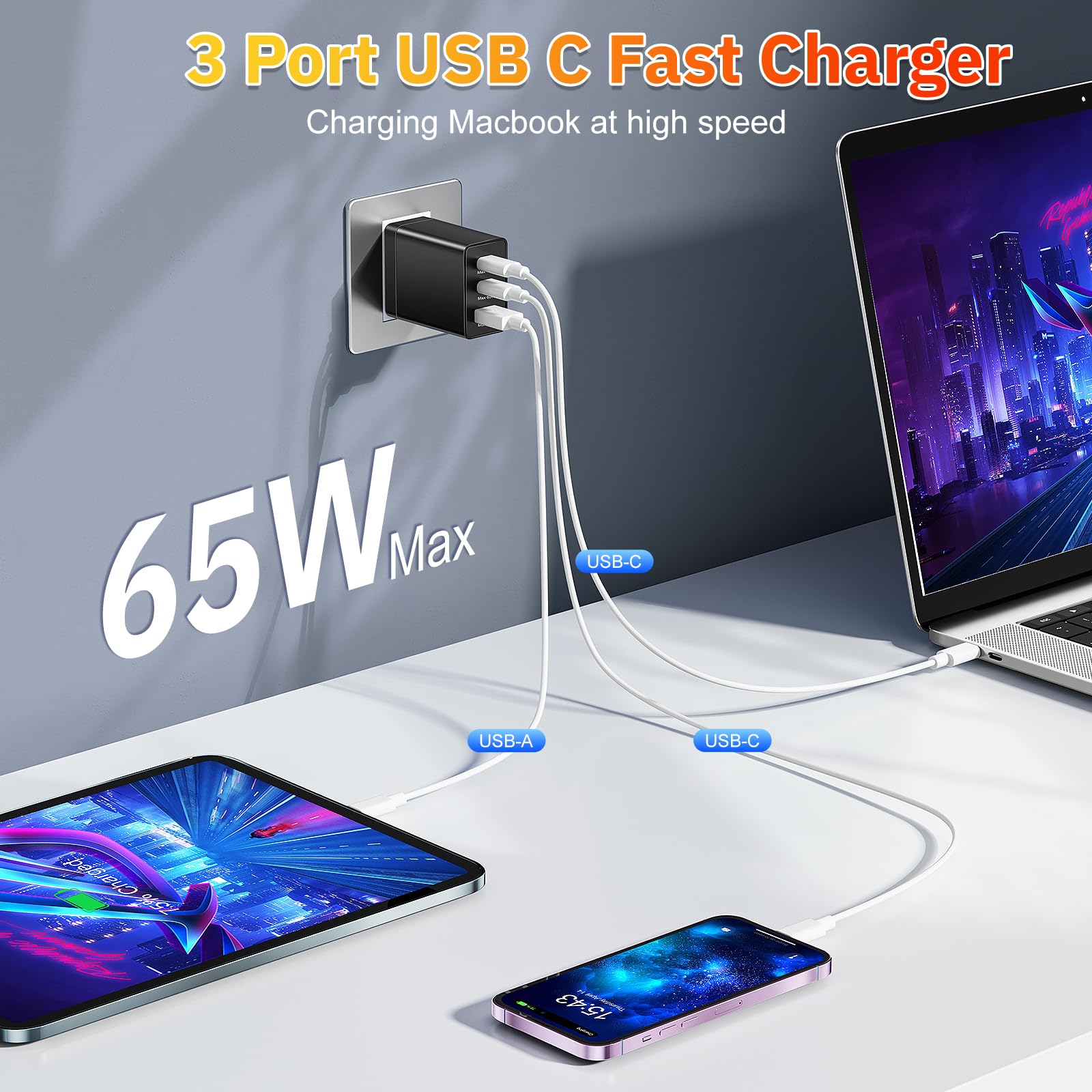 65W GaN Fast Charger with 3 Ports - USB C Wall Charger for iPhone 15/14, iPad, Samsung S23, MacBook Pro/Air - Compact Power Adapter for Home, Office & Travel Charging Multiple Devices Simultaneously