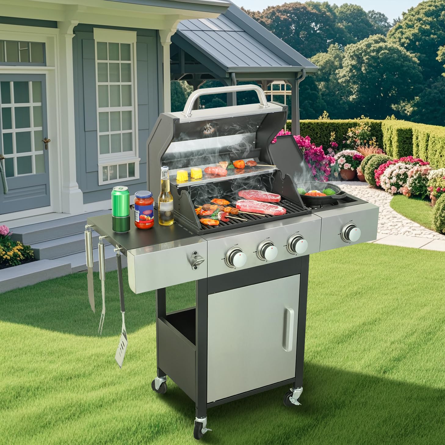 **3+1 Burner Propane Gas BBQ Grill with Side Burner & Enameled Cast Iron Grids – 37,230 BTU Stainless Steel Outdoor Grill for Backyard, Patio, Camping & Tailgating – Perfect for Grilling, Smoking & Entertaining**