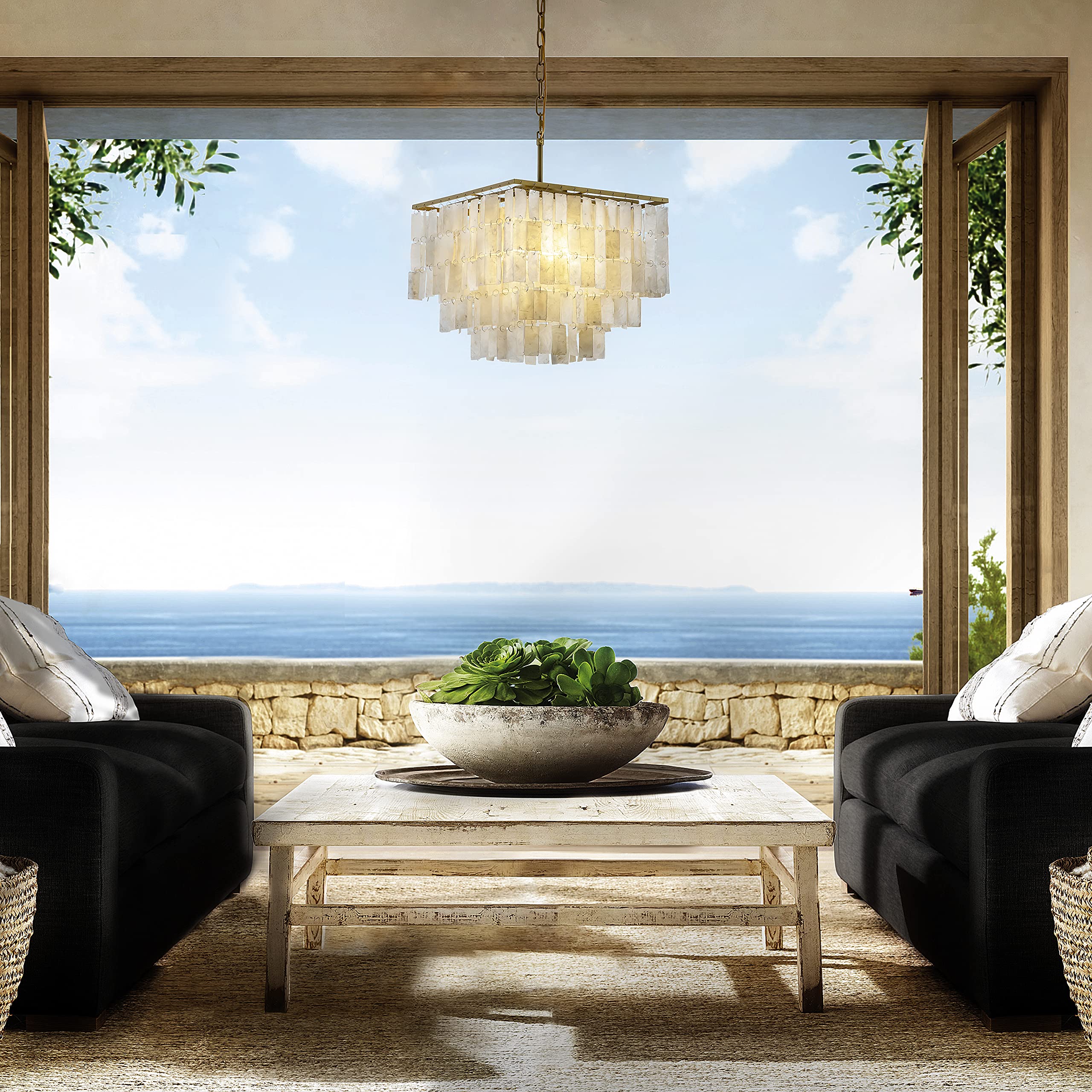 3-Light Square Antique Brass Chandelier with Rectangle Capiz Natural Seashells - Modern Farmhouse Ceiling Light Fixture - 15.7 Inch Wide - Perfect for Living Room, Dining Room, Bedroom, Foyer & Entryway Lighting