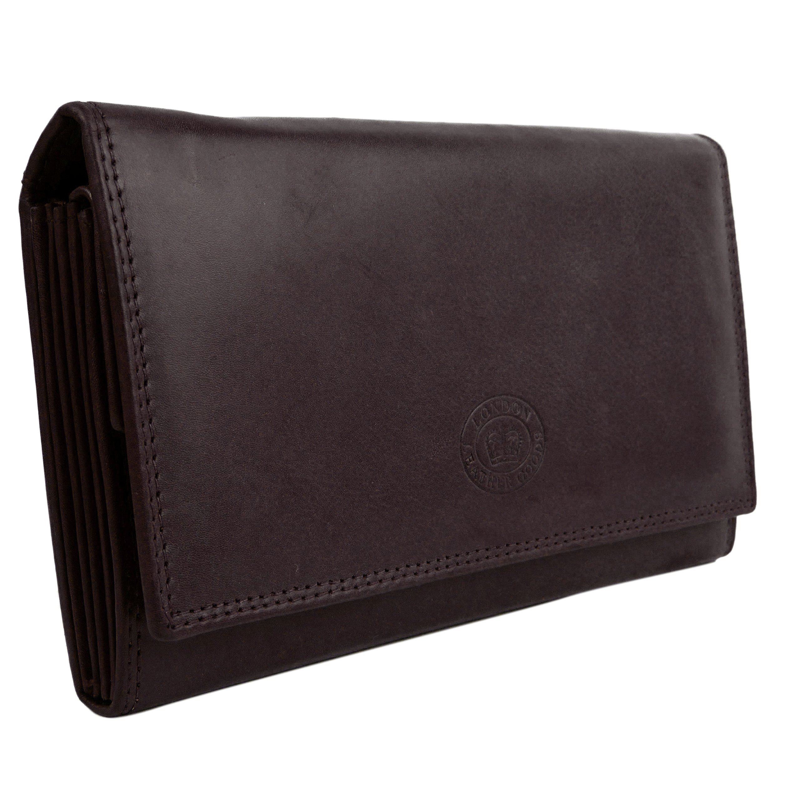 London Leathergoods Women's Flap Over Wallet - Genuine Leather Dark Brown for Everyday Use & Travel