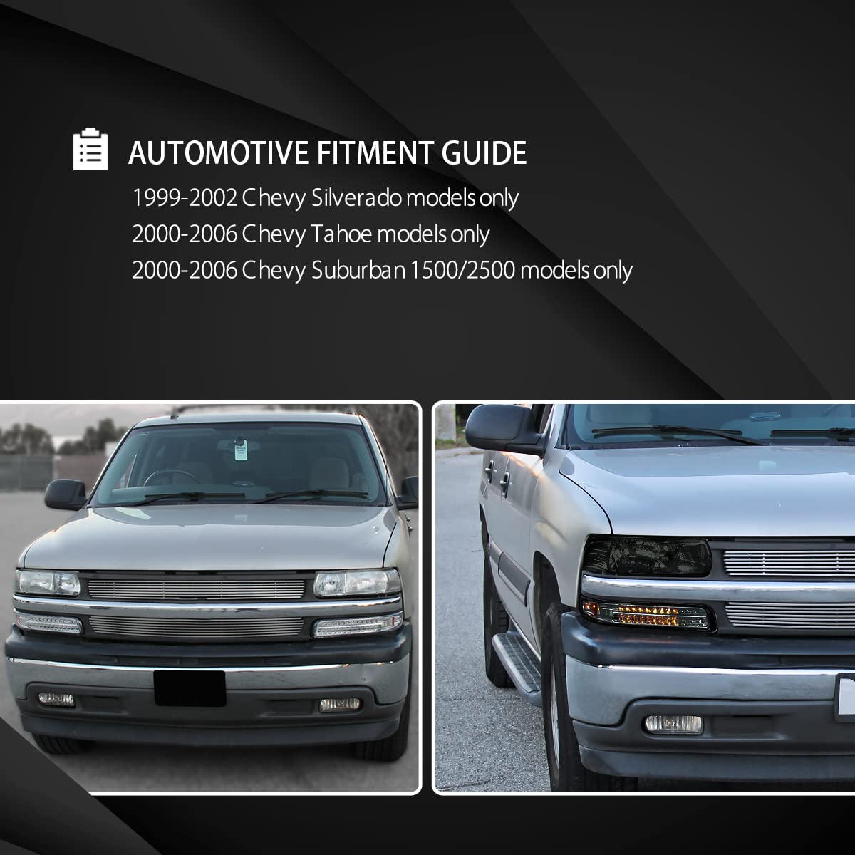 AUTOZENSATION Smoke Headlights & LED Bumper Lights Assembly - Compatible with 1999-2002 Chevy Silverado & 2000-2006 Tahoe Suburban (Left+Right Pair) - Upgrade Your Truck's Style & Night Visibility for Off-Roading & Daily Driving
