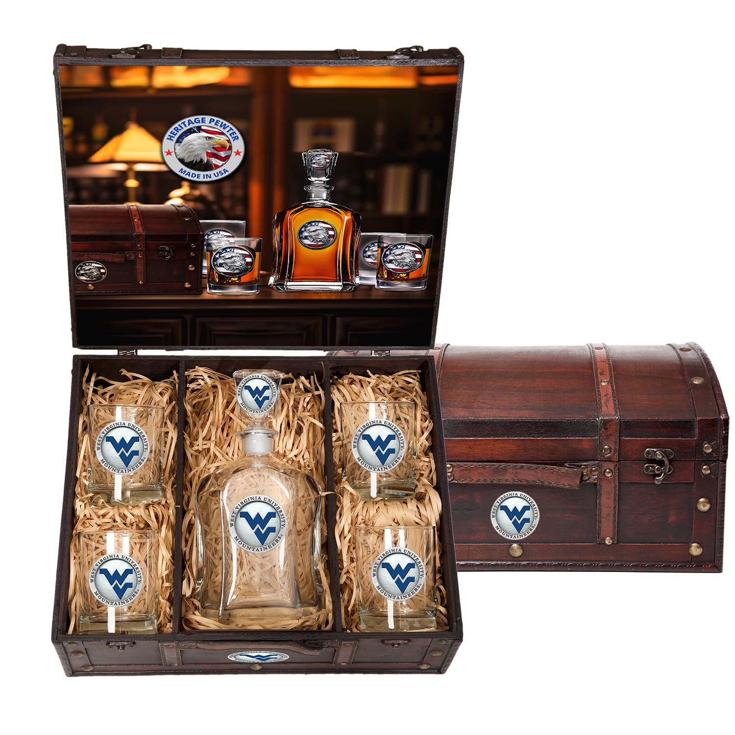 West Virginia Capitol Decanter & Chest Set - 24oz Liquor Pourer with 4 Double Old-Fashioned Glasses - Handcrafted Pewter Barware for Whiskey Lovers & Home Entertaining