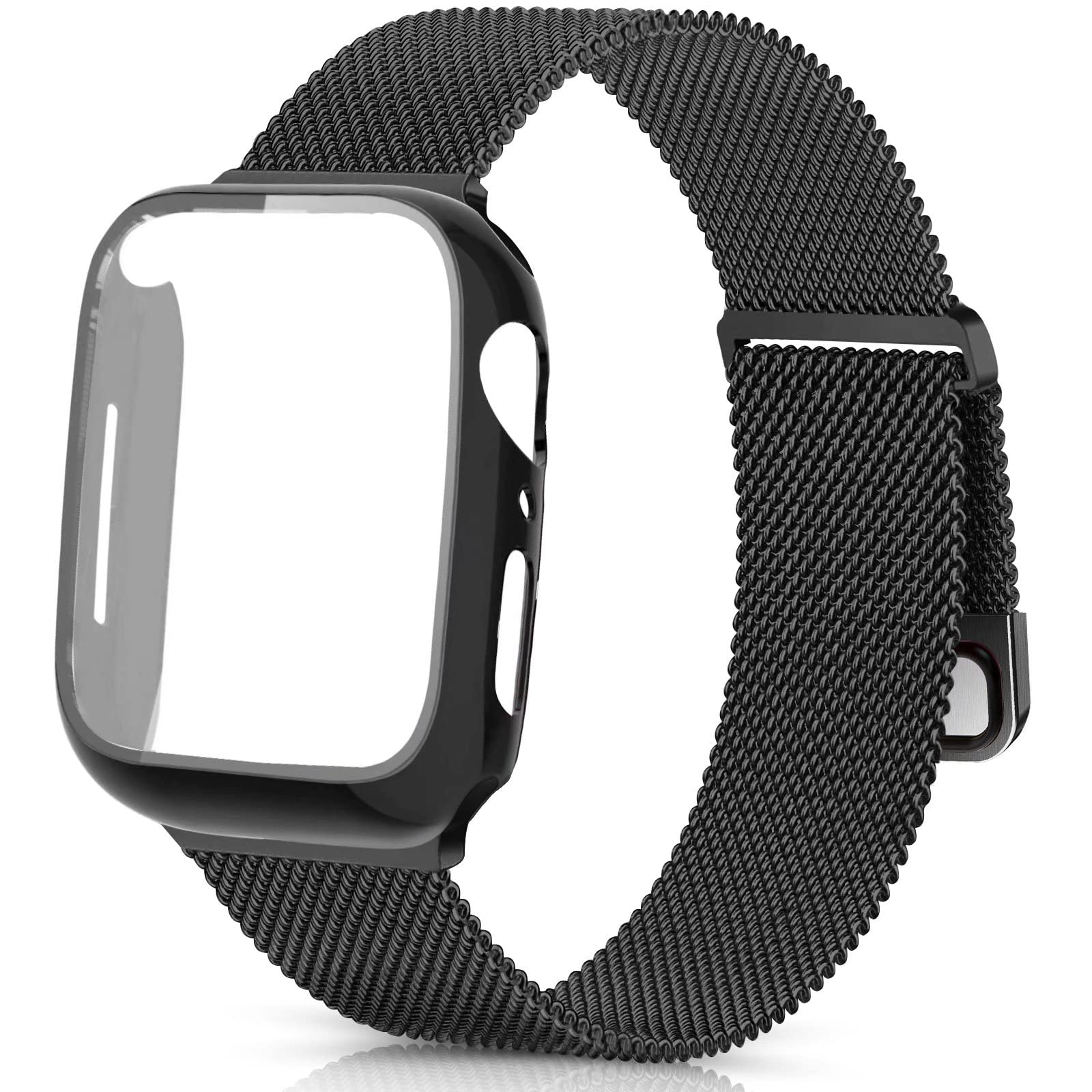 Premium Stainless Steel Metal Band for Apple Watch 38/40/41/42/44/45mm - Compatible with Series 7/6/5/4/SE/3/2/1 - Includes Hard PC Case & Tempered Glass Screen Protector - Stylish Magnetic iWatch Band for Women & Men - Perfect for Workouts, Office Wear & Everyday Fashion