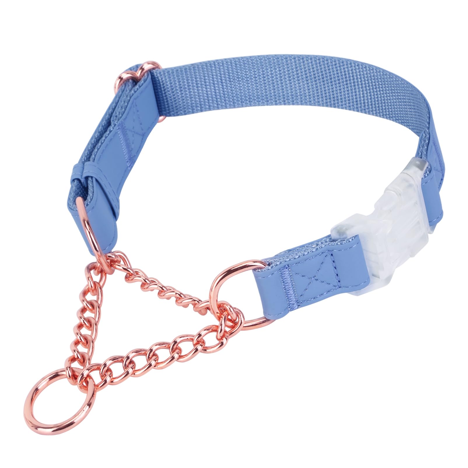 Soft Leather Martingale Dog Collar with Rose Gold Chain - Adjustable No-Pull Training Collar for Small, Medium & Large Dogs (Blue/Purple) | Quick Release Buckle & Limited Slip Design | Perfect for Daily Walks, Training & Fashion Accessory