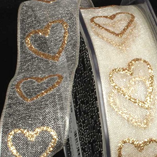 Sheer Ivory with Glittery Gold Hearts Wired Craft Ribbon - 1 Inch x 54 Yards Bulk Roll for Gift Wrapping, DIY Wedding Decorations, Scrapbooking & Party Supplies